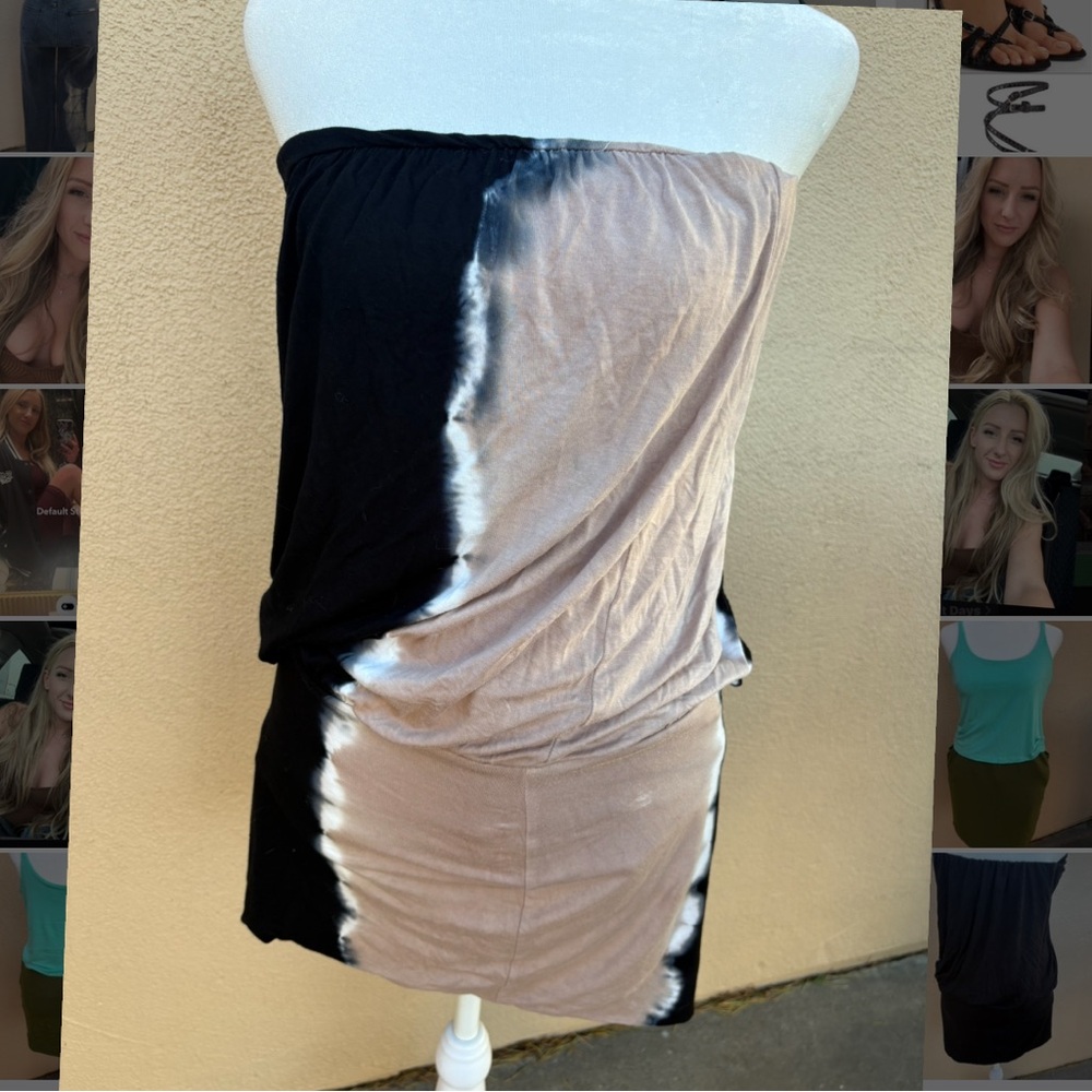 Black and Beige Tie-Dye Strapless Dress